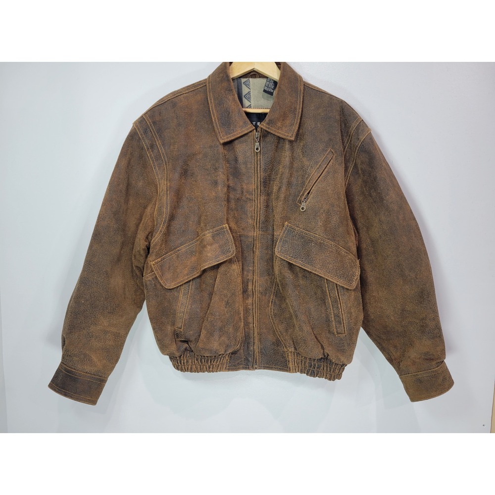 Context Mens XL Distressed Brown Genuine Leather Bomber Flight Jacket Vintage